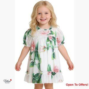 Toddler Girls Floral Ruffle Dress Short Sleeve Zipper Back Playwear